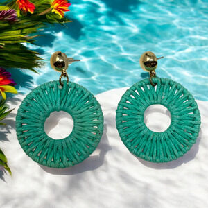 Vintage Y2K Oversized Green Woven Raffia Dangle Earrings Pierced Beachy Cruise